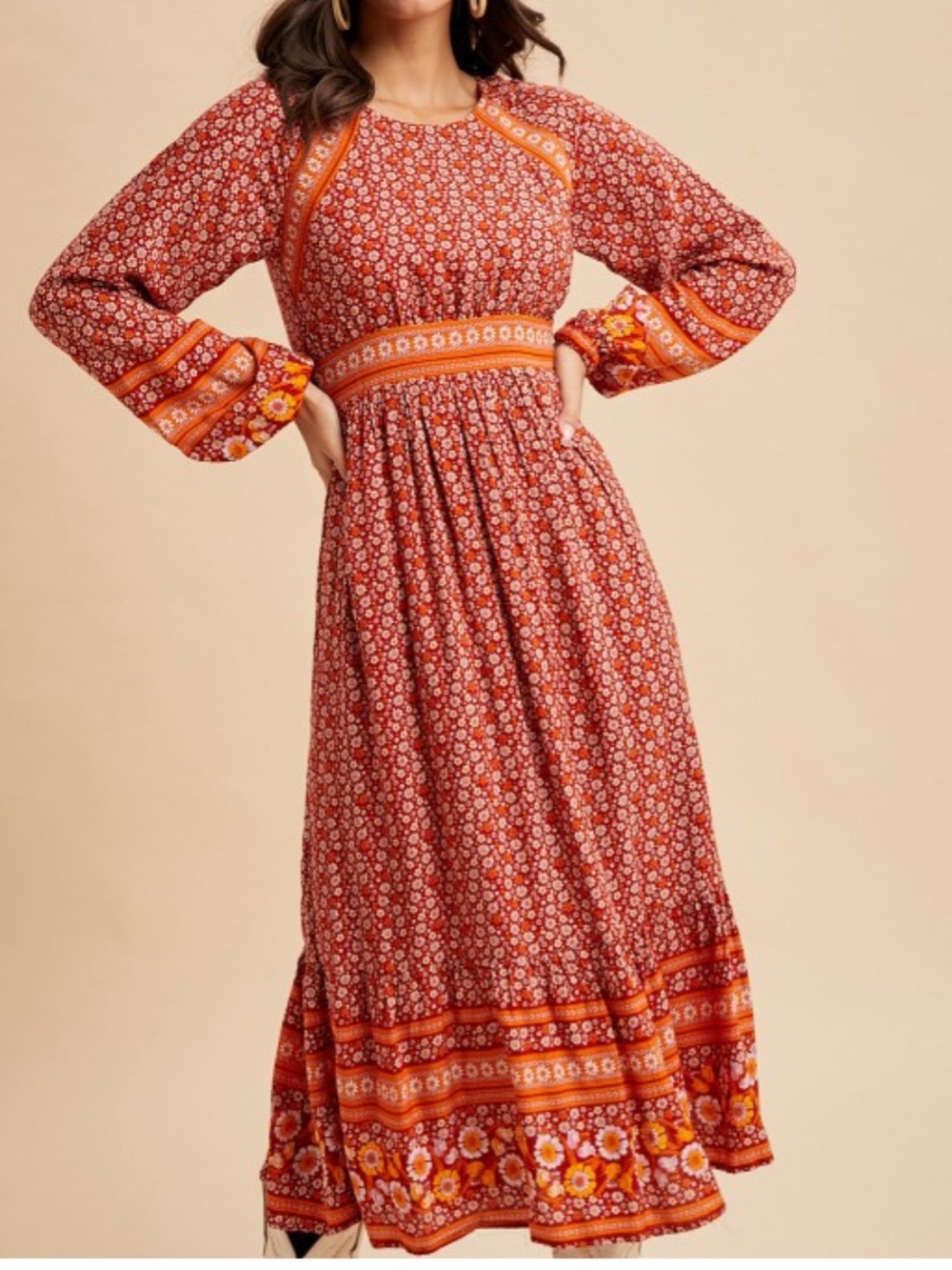 D51 Long Sleeve Rayon Floral Boho Dress - Fall Apple Picning